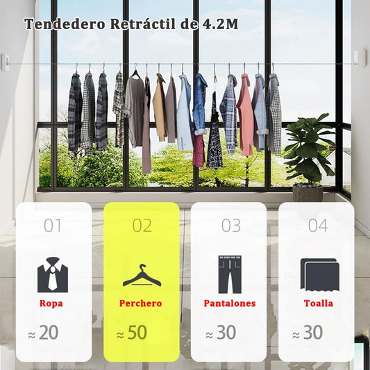 TENDEDERO RETRÁCTIL / Seca fácilmente tu ropa en espacios pequeños / 4,2 Mts de Largo
