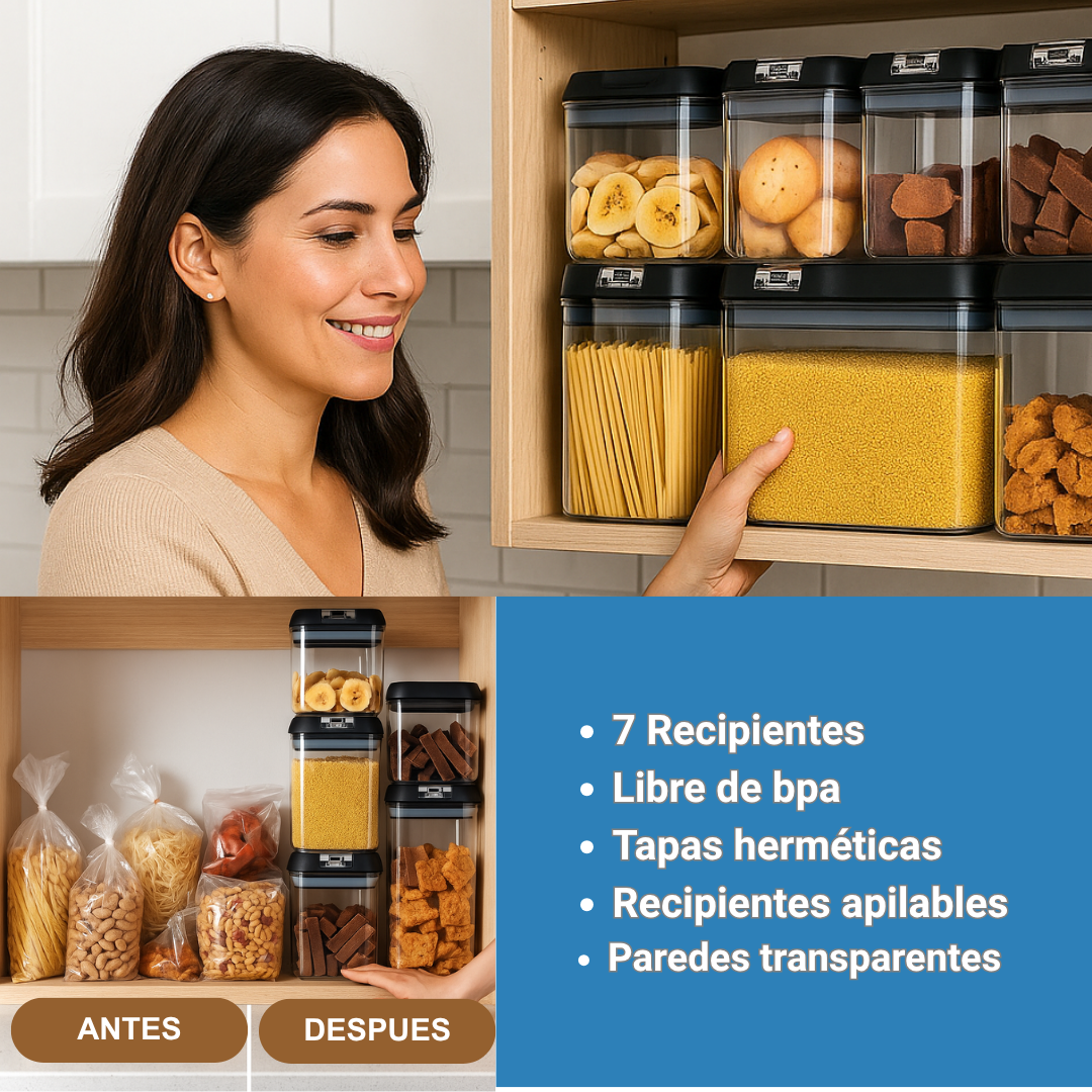 Set de 7 Contenedores Para Alimentos - Aprovecha cada espacio y organiza tu cocina fácil