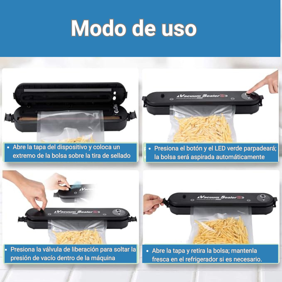 SELLADORA AL VACÍO DE ALIMENTOS + Rollo de Bolsas 5 mts / Mantén tus alimentos frescos